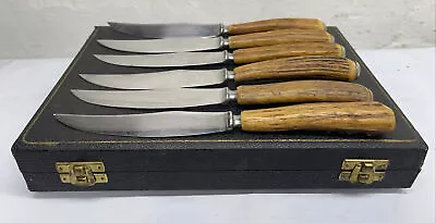 $89.99 • Buy 6 Vintage Mid Century E & Co Stag Antler Handle Kitchen Steak Knives Set W/Case