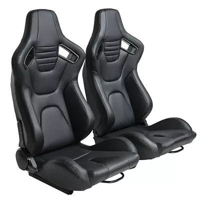 1Pair Universal Reclinable Racing Seats PU Leather Bucket Seats W/2Sliders Black • $375.99