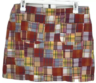 JCrew Madras Skirt Womens 4 100% Cotton Red Block Patch Plaid Pockets Casual • $15