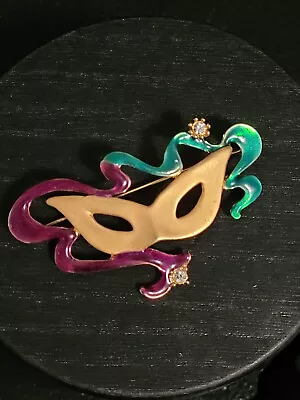 Vintage Gold Tone Mardi Gras Mask Enamel Rhinestone Pin Brooch • $22