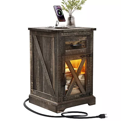 Farmhouse Nightstand With Charging Station Bedside Sofa End Table W/ LED Lights • $80.99