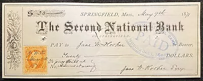 1871 **THE SECOND NATIONAL BANK** SPRINGFIELD MASS. BANK CHECK+SC# R15c+ PAID ! • $4.99