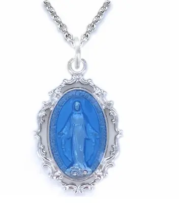 Sterling Silver Blue Enameled Filigree Border Miraculous Medal Necklace & Chain • $119.99