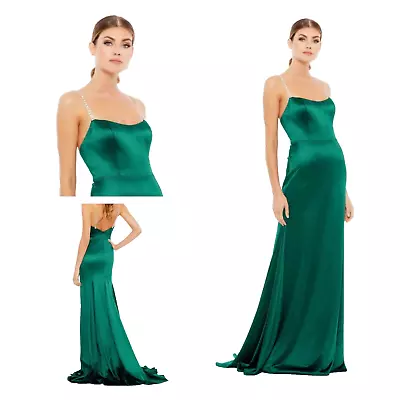 New MAC DUGGAL 12428 Emerald Charmeuse Rhinestone Strap Trumpet Gown Wm (4) $298 • $149.99