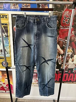 Vintage 2000s Y2K Akademiks Crazy Faded Star Baggy Hip Hop Jeans Size 36 • $44.99