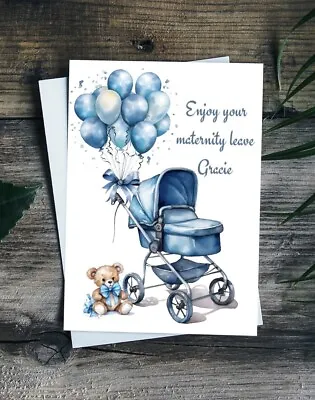 Personalised Maternity Leave Card Blue Baby Boy Handmade Mummy To Be Card • £3.79