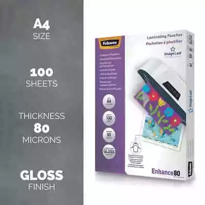 Fellowes Laminating Pouches A4 Or A3 Clear Gloss  '160 Or 250 Micron'  Pouches • £3.99