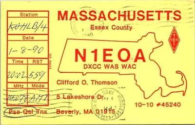 Vtg Ham Radio Cq Qsl Qso Postcard N1eoa Beverly Massachusetts Usa 1990 Stamped • $7.99