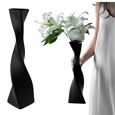 Beautiful Twisted Black Ceramic Vase 40cm Tall - Slim Slender And Elegant - V... • £20.59