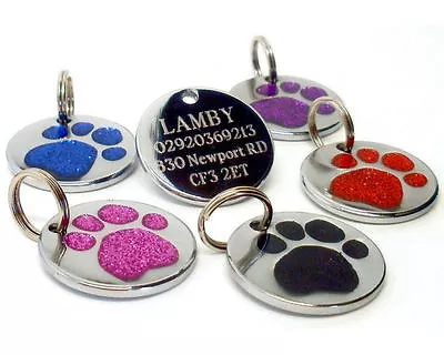 ENGRAVED Dog Pet ID Tags Glitter Paw Identity Name Disc Personalised Engraving  • £3.95