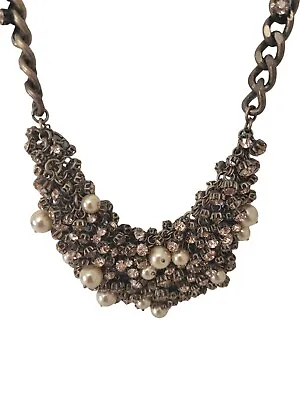 J Crew Necklace Cluster Imitation Pearl Pink Crystal Antiqued Gold Tone  • $24.99