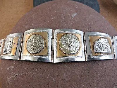 Heavy Mexican Mayan Figures Sterling Silver  Panel Link Bracelet 6 1/2  #709 • $124.99