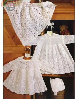 BABY KNITTING PATTERN FOR Dress Matinee Bonnet Shawl 2ply • £1.99