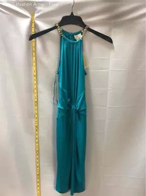 Michael Kors Womens Teal Gold Chain Halter Neck Ruched Sheath Dress Size X-Small • $9.99