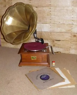 Vintage HMV Hand-Crank Gramophone Phonograph - Brass Horn & 5 Vinyl Records • £225