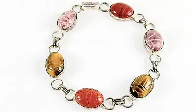 Vintage 7” Egyptian Revival Hand Carved Gemstone Scarab Bracelet Chain *read* • $35