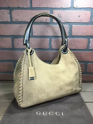 Vintage 1990's Gucci Suede Whipstitch Wood Handle Shoulder Bag Handbag W/Dustbag • $150