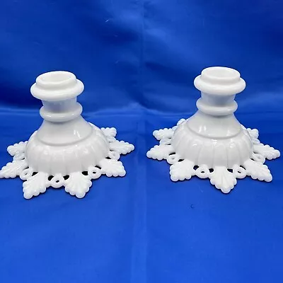 VTG Pair Of Westmoreland White Milk Glass Candlestick Holders Ring And Petal EUC • $14.99