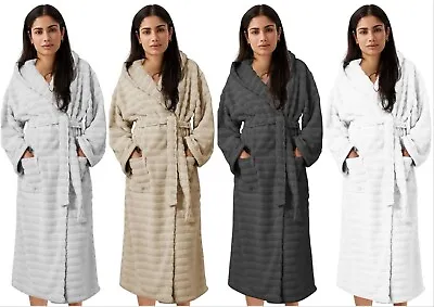 Ribbed Terry Towelling Bathrobe 100% Cotton Unisex Hooded Dressing Gown 2 Pocket • £19.99