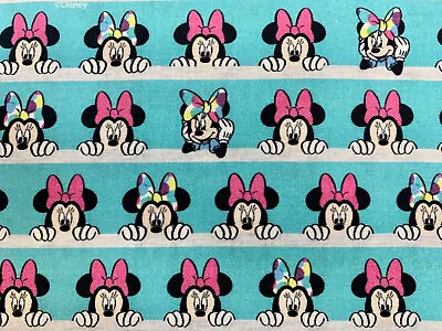 Cotton Fabric - Minnie Mouse Aqua Stripe Licensed Craft Fabric Material Metre • £7.99