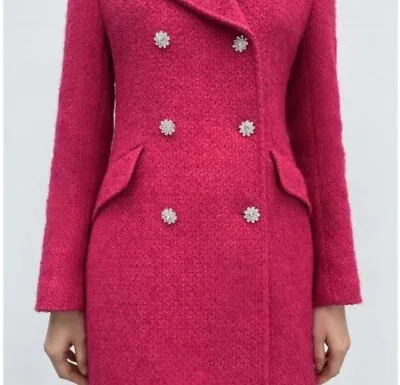 Zara Blogger's Fav Fuschia Pink Jewelled Buttons Textured Coat BNWT M • $55.95