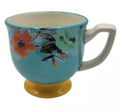 Vtg Pioneer Woman Floral Yellow Footed Stoneware Coffee Mug Tea Cup Turquoise • $14.99