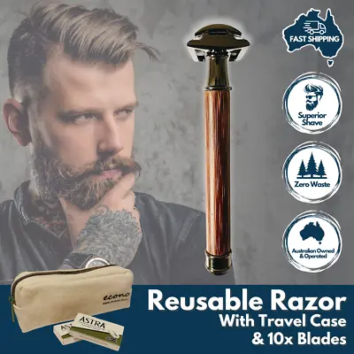 Premium Reusable Safety Razor Shaver +Carry Case (Metal Vintage Wooden Handle) • $48