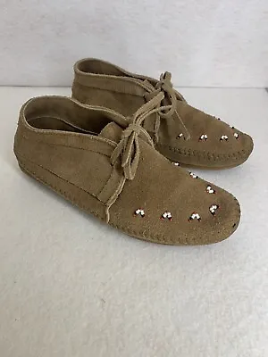 Minnetonka Beaded Moccasins Womens Sz 6 US Brown Chestnut Suede Shoe Slippers • $7.50