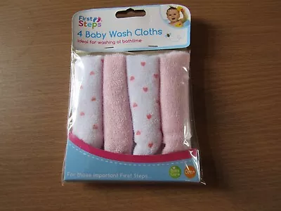 New First Steps 4 Baby Wash Cloths In Pink • £3.99