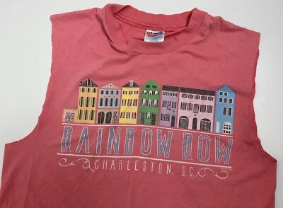 $11.04 • Buy Vintage 90s Rainbow Row Tank Top L Cut-Off Sleeves Pink Charleston SC Hipster