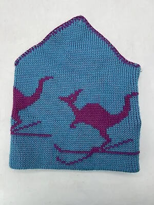 Vintage 90s Wigwam Wool Beanie Toque Ski Hat Winter Cap Blue W/ Pink Kangaroo • $27.97