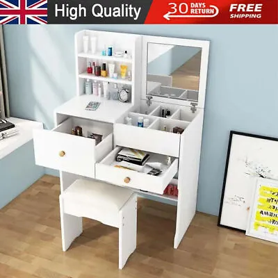 Dressing Table With Drawers Mirror Stool Set Makeup Desk Vanity Table Bedroom • £63.99