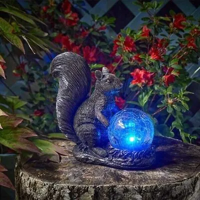 Solar Garden Ornament Squirrel Colour Changing Orb Crackle Glass Ball Outdoor • £13.99