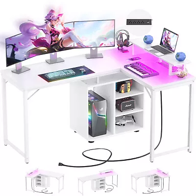 2 Person 58'' Computer Desk W/ LED Strip & Monitor Standk Cabinet & Power Outlet • $129.99