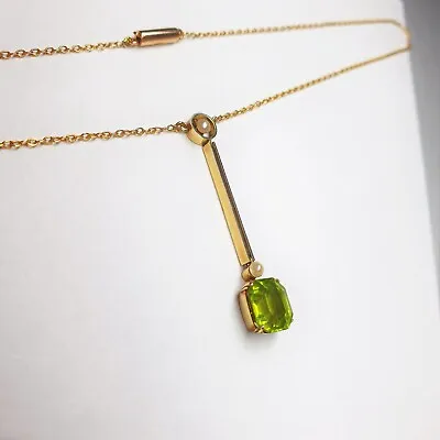 Antique Edwardian 15ct Gold Peridot And Pearl Drop Necklace Barrel Clasp • £295