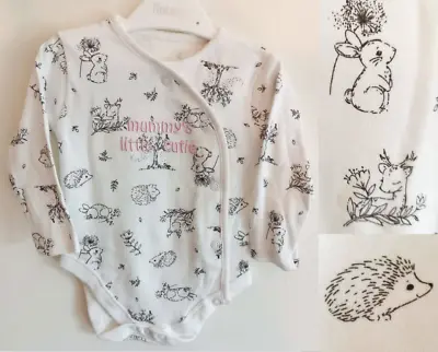 Baby Girls Bodysuit Vest Long Sleeved Hedgehog Bunny Rabbit 0-6 Months NEW • £5.99