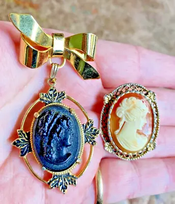 2 Lovely Vintage Molded Lady Cameo Pins Brooches 1 Black Dangly W/ Bow • $5