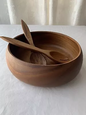 Wooden Salad Bowl With Fork And Spoon Serving Set Vintage  • $18