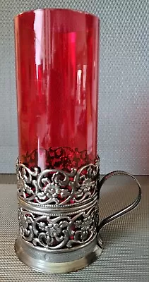 Russian? Vintage Ornate Metal Candle Holder Ruby Red Chimney Christmas  • $24.49