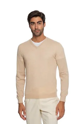 $2000 FEDELI CASHMERE Beige Modern V-neck Sweater 90% CASHMERE 10% VICUNA • $990