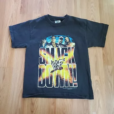 VINTAGE WWF Shirt Youth Medium Black Wrestling Stone Cold Undertaker Rock Triple • £23.75