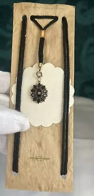 Antique Victorian 10K Yellow Gold Black Onyx Mourning Pendant On G.F. Old Cord • $220