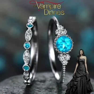 The Vampire Diaries Elena Gilbert Aqua/Zirconia Silver Finished Twin Ring Set • £7.95