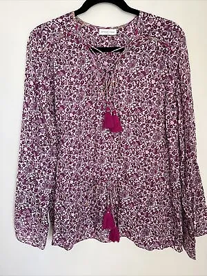 Megan Park Fuchsia Pink Floral Printed Blouse Size 2 M Cotton Silk Boho Top • $35