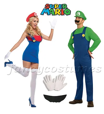 2PCs Couple Mens Super Mario Luigi And Womens Mario Plumber Fancy Dress Costumes • £31.99