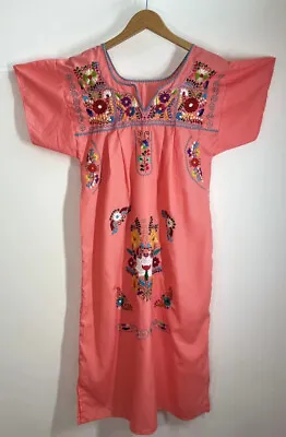 Mexican Traditional Embroidered Poly Cotton Floral Fiesta Peach Dress SZ S Spots • $9.99