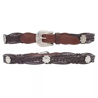 Vintage Woven Brown Leather Flower Concho Belt Large Embellished Western Cowgirl • $29.99