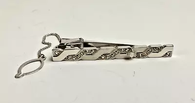 Vintage Tie Bar Clip Silver Prong Set Clear Stones Ugo Conti Safety Chain Italy • $19.99