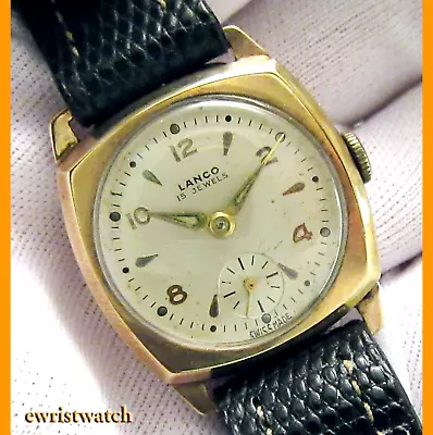 Vintage 40’s Lanco Swiss Solid 9ct Gold Cushion Case Original Sub-Seconds Dial • $660