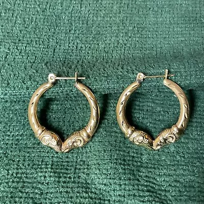 14k Yellow Gold Ram's Head Hoop Earrings Vintage • $110